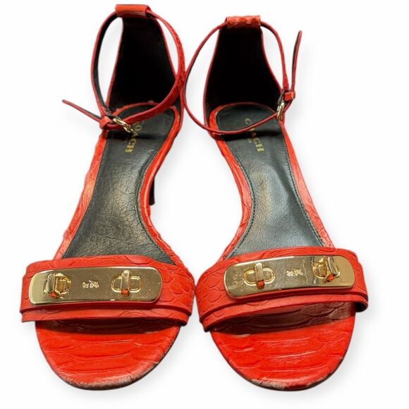 VINTAGE COACH Women’s Red Orange Embossed Leather Ankle Strap Heels Size 7 - Picture 1 of 6